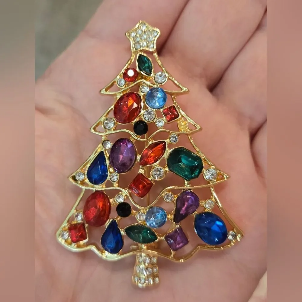 🎄🛍❤️VINTAGE Colorful Gemstone Christmas Tree Brooch